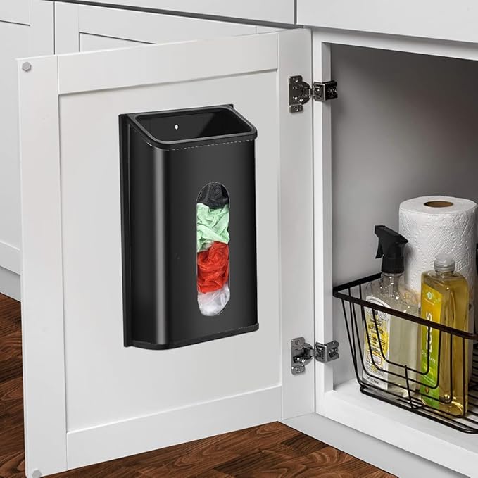 Plastic Bags Holder Grocery Dispenser for Kitchen Trash Bag Storage with Stainless Steel Front, Wall Mounted with Extra Wide Easy Access Openings (Black)