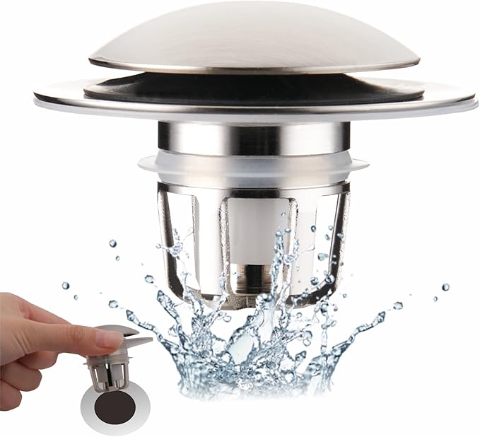 Brushed Nickel Bathroom Sink Stopper Replacement, Wellup Universal 2-in-1 Bathroom Sink Drain Stopper for 1 1/8"-1 1/2" Sink Drain Hole, Pop Up Sink Stopper Strainer with Hair Catcher