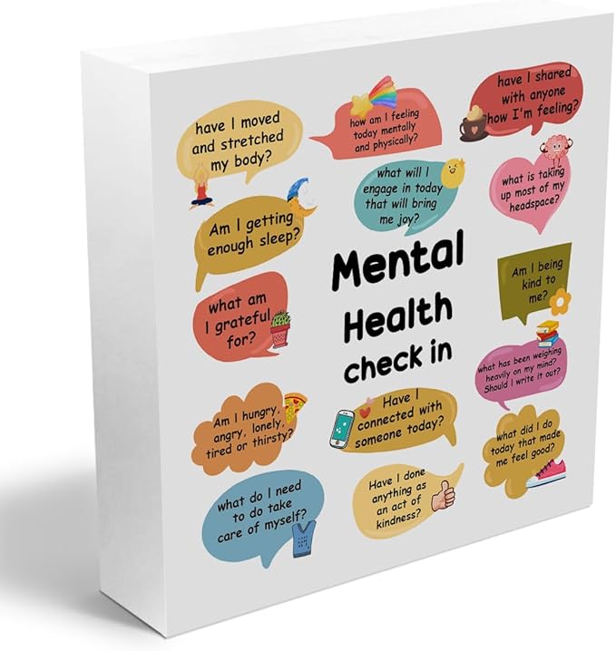 Therapy Office Decor Wooden Box Sign, Mental Health Check In Decorations,Mental Health Gifts for Psychologist Counselor, Rustic Farmhouse Home Office Classroom Desk Table Decor Wood Block Plaque