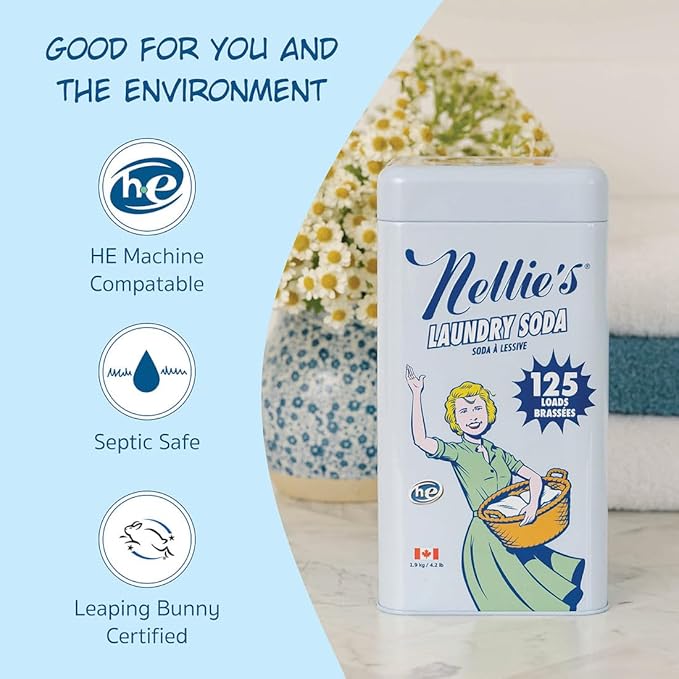 Nellie’s Laundry Soda 125 Loads – Laundry Powder Detergent – 4 Ingredients – No Residue – HE & Septic Safe – Made in Canada