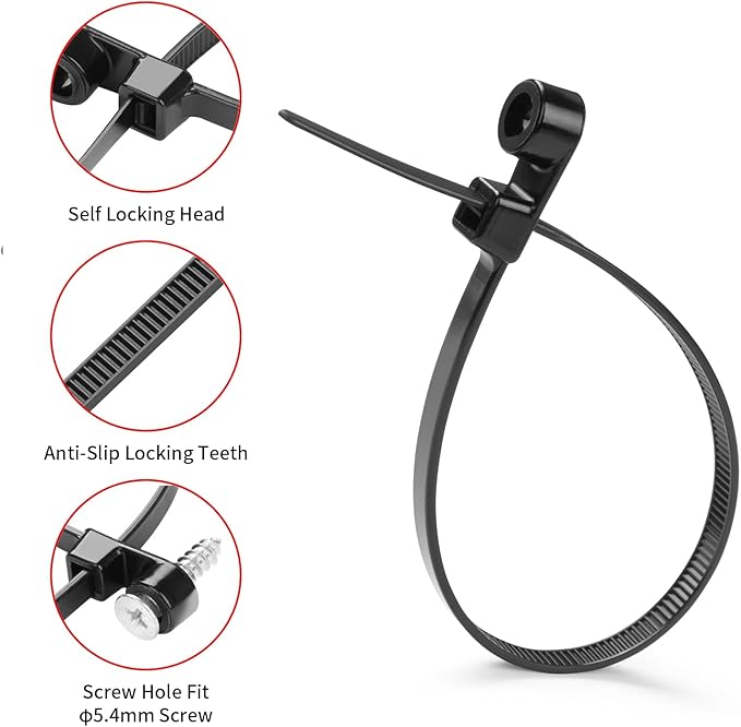 MasiStranth 200 PCS 12 inch Black Zip Ties with Screw Hole 75lbs Mountable head Cable Ties Straps Multipurpose Heavy Duty Nylon Cable Zip Ties with Screw Mounting Hole