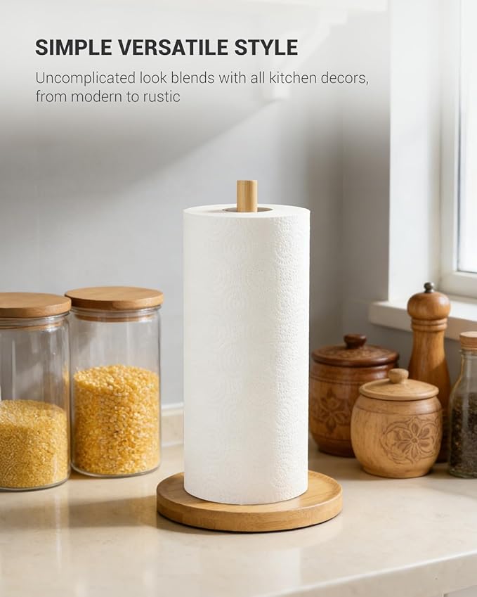 NESAPTO Paper Towel Holder Countertop, Wooden Freestanding Paper Towel Stand for Modern Farmhouse & Cottagecore Decor, Kitchen Bathroom Essential, Bamboo