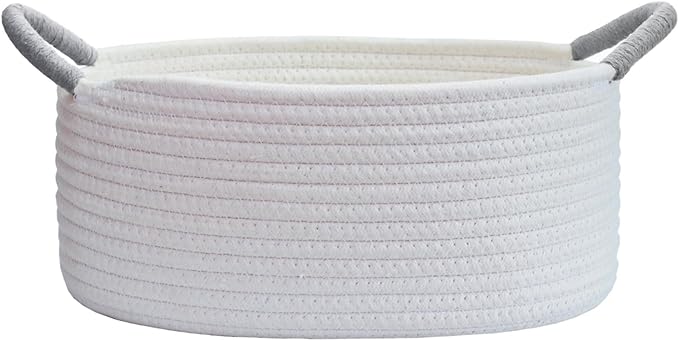 Yimi's Dream Basket for Gifting, Small Baskets for Shelves, White Cotton Rope Basket with Grey Handle for Decor, Baby Cat Dog Toy (Oval, 12"x 8"x 5")