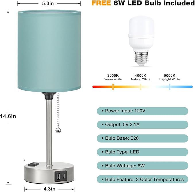 Teal Bedside Lamp for Nightstand - 3 Color Temperature Table Lamp with USB C and A Ports, Pull Chain Lamp for Bedroom with AC Outlet, Coastal Desk Lamp with Silver Metal Base for Kids Girls