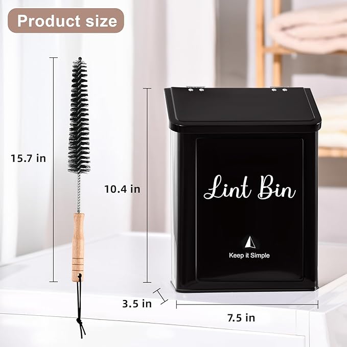 SUBEKYU Metal Magnetic Lint Bin for Laundry Room, Wall Mounted Lint Box Holder Trash Can with Lid for Dryer, Black