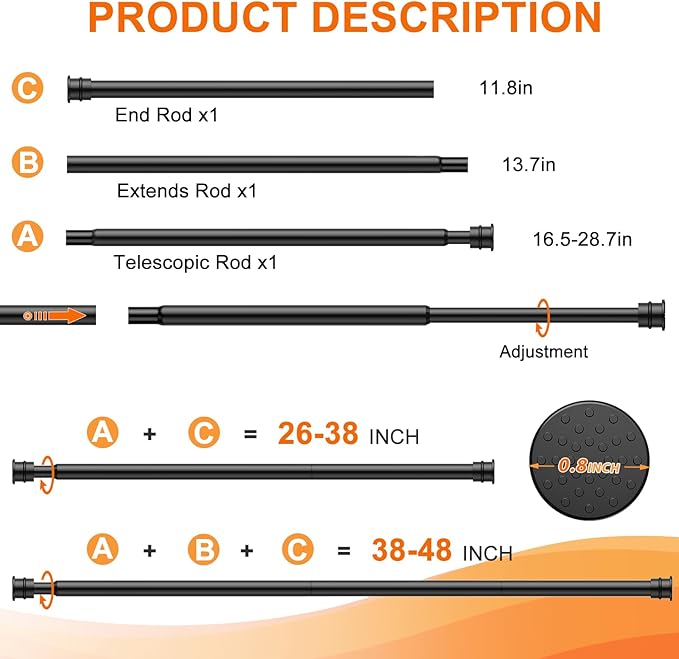 Tension Curtain Rod 26 to 48 Inch Adjustable Tension Rods 6 Pack Expandable Spring Tension Rod Black No Drilling for Closet Kitchen Cupboard Wardrobe Door Bookshelf DIY Projects