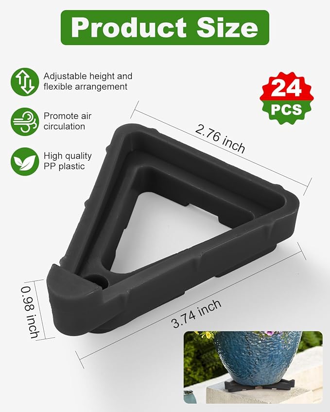 FantasyLife Pot Feet for Outdoor Planters, Invisible Breathable Plant Risers, Moisture-Proof Pot Stands Toes Lifters for Heavy Plants, Stackable Planter Feet for Indoor Outdoor (24pc Black, Large)