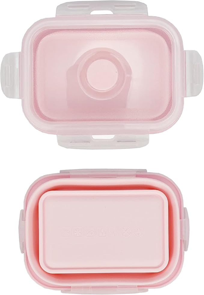 CCyanzi 3-piece Collapsible Food Storage Containers with Lids, Silicone Lunch Container, Microwave & Freezer Safe, Space-Saving for Kitchen Cabinet and Camping Backpack (Pink)