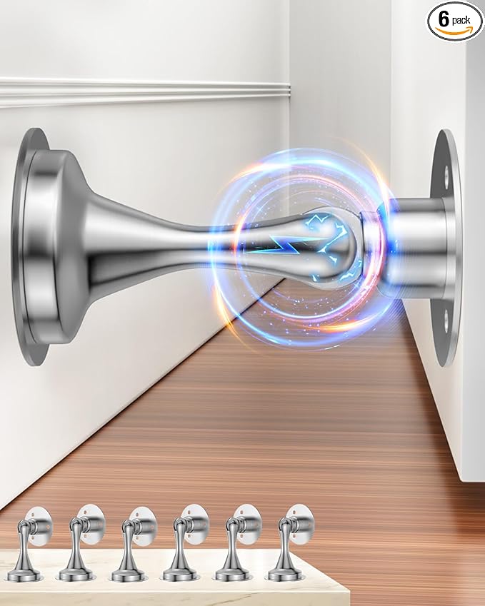 Door Stoppers Magnetic Door Catch - 6 Pack Stainless Steel Heavy Duty Door Holder Stops for Bottom of Door - Wall Floor Mounting No Drill Strong Adhesive & Screws Strong Magnet Keep Door Open(Silver)
