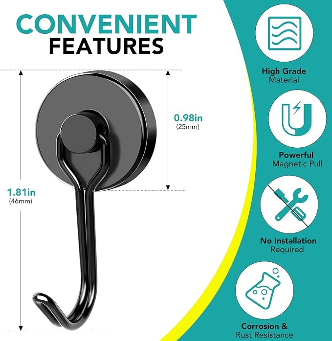 DIYMAG Black Magnetic Hooks 80LBS Strong Magnetics Hooks Heavy Duty 2026 Cruise Cabin Ship Essentials Magnet Hooks with Metal Hanger for Hanging Refrigerator Home Kitchen Office 8Pack