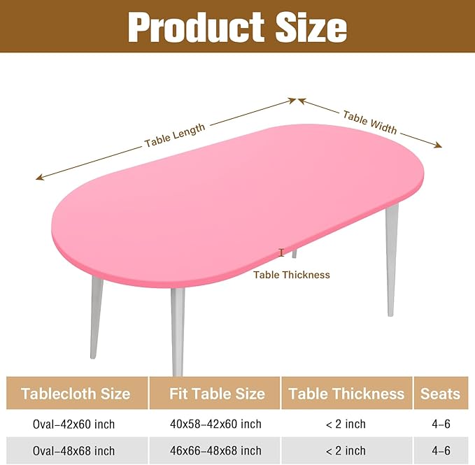 Fitted Oval Tablecloth 48 x 68 Inch Elastic Table Cloth, Stretch Spandex Table Cover Pink Washable Polyester Top Cap Cover for Dining Picnic Camping Indoor and Outdoor