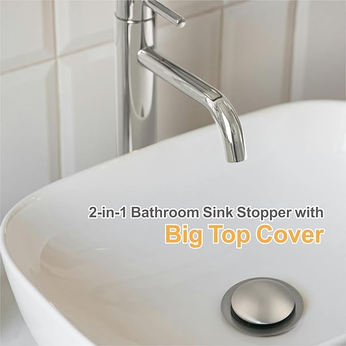 Brushed Nickel Bathroom Sink Stopper Replacement, Wellup Universal 2-in-1 Bathroom Sink Drain Stopper for 1 1/8"-1 1/2" Sink Drain Hole, Pop Up Sink Stopper Strainer with Hair Catcher