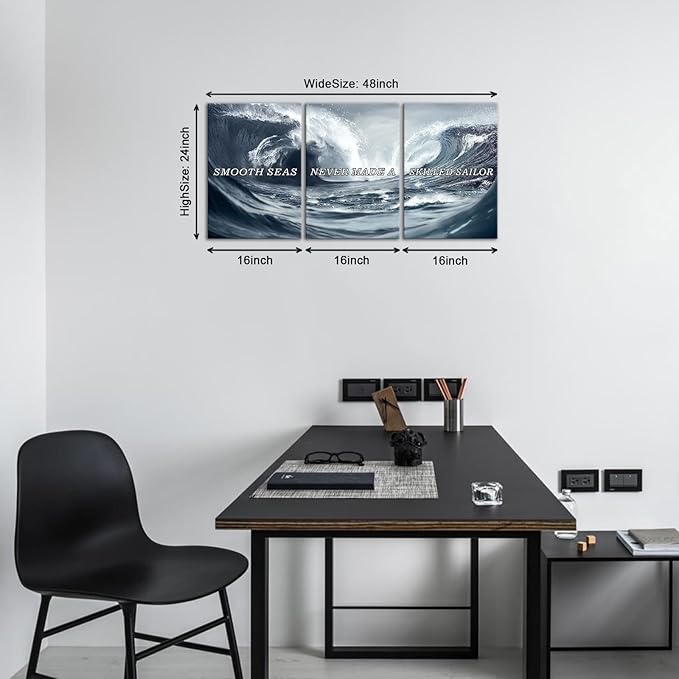 KAWAHONE Inspirational Canvas Wall Art -Smooth Seas Never Made a Skilled Sailor- Motivational Posters Entrepreneur Quote Picture for Living Room Bedroom, Office, Home