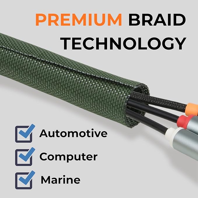 1 inch Split Braided Cable Management Sleeve for USB Cable Power Cord Audio Video Cable, Wire Loom Cord Protector from Cat Dog Chewing (Dark Green, 25FT)