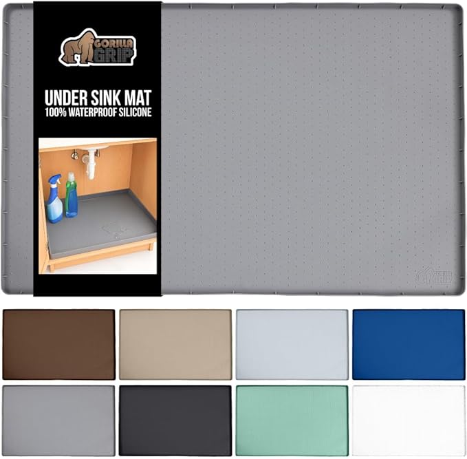 GORILLA GRIP Waterproof Silicone Under Sink Mat with Raised Lip for Kitchen and Bathroom, Cabinet Shelf Liner Stay in Place Mats Dishwasher Safe Drawer Liner, Organizer Tray, 15 x 22 in, Gray
