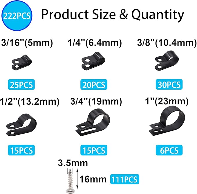 TWTADE 222PCS Black Cable Clamps Assortment Kit, Nylon Plastic R-Type 6 Sizes 3/16'' 1/4'' 3/8'' 1/2'' 3/4'' 1'' Cable Mounting Wire Clips Fastener with Screws for Wire Management
