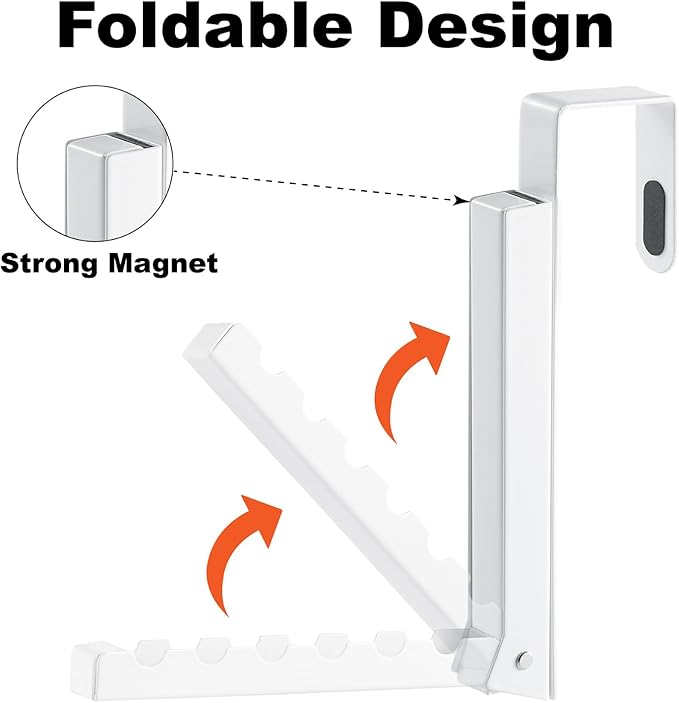YAZYBHA Over The Door Hooks Hanger for Clothes, 1 Pack Foldable Over The Door Drying Rack for Laundry, Overdoor Hanger Hook with 6 Groves for Towel, Coat, White