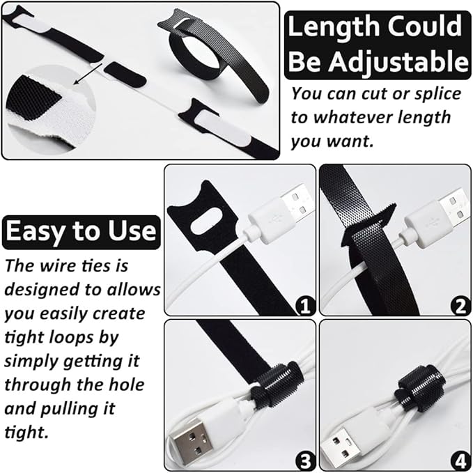 70pcs Cable Ties Reusable Black and White Wire Ties Cable Management Cord Ties Reusable for Electronics Hook and Loop Cable Ties for Computer 4 6 8 Inch