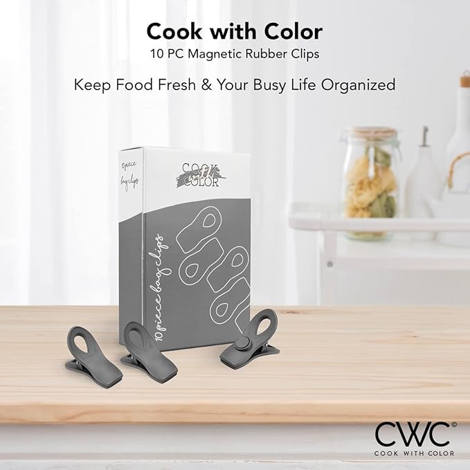 COOK WITH COLOR Bag Clips with Magnet- Food, Chip and Bag Clips for Food Storage with Airtight Seal Grip for Bread Bags, Snack Bags and Food Bags (Gray, Pack of 10)