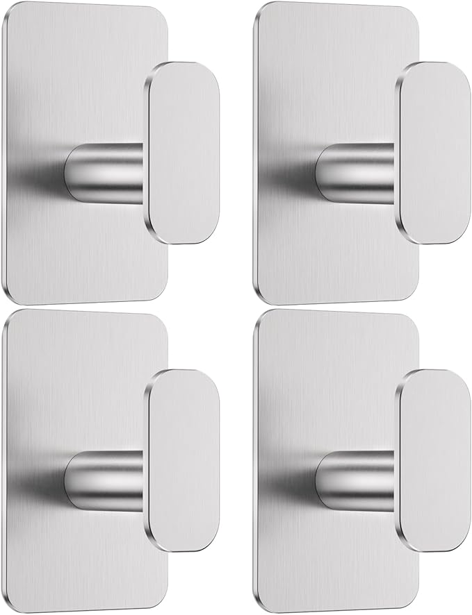 Heavy Duty Self Adhesive Hooks - 26lb Max, Sticky Wall Hooks Stainless Steel for Hanging Towel, Coat, Robe, Waterproof & Rustproof Hooks Stick on Bathroom, Shower, Kitchen(Silver, 4 Pack)