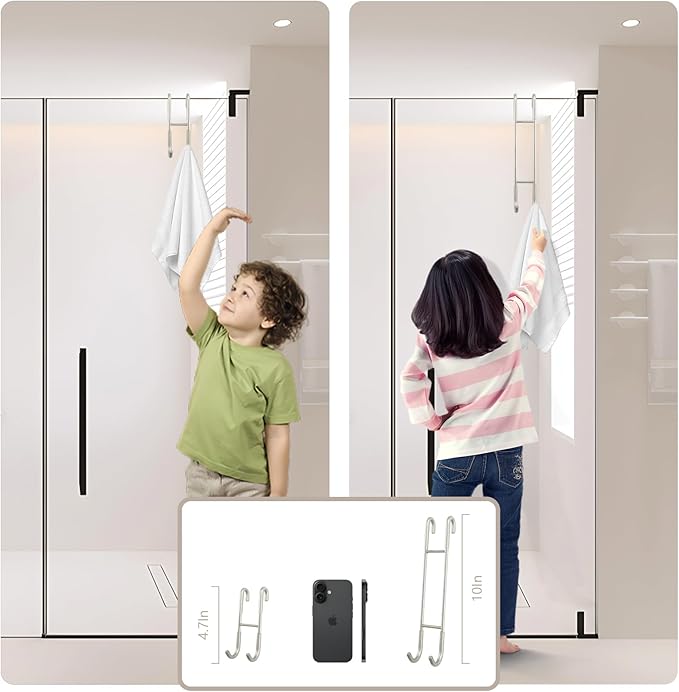 NINETREX Shower Door Hooks,Towel Hooks for Bathrooms Frameless Glass Door,Heavy Duty SUS 304 Stainless Steel Hook for Towels,Squeegee,Loofah,Shaver,Robe,2 Pack,Silver,10Inch