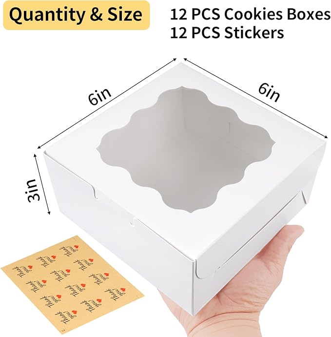 WINKIO 12 Pieces Cookie Boxes with Window, 6×6×3 Inches Treat Boxes for Bakery Dessert Pastry Mini Cake Favor Donut Baked Goods (White, with Stickers)