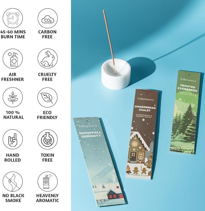 Folkulture Incense Sticks with Holder | Set of 6 (120) Winter Insence-Sticks with 45 Min Burn Time | Cedarwood, Amber Incenses | Organic, Non Toxic Fall Scents | Inscent-Stick or Winter Essentials