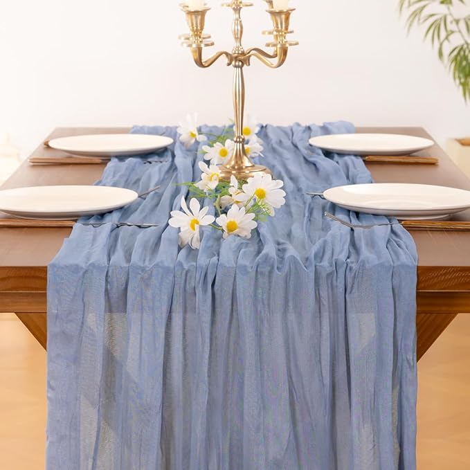 Socomi 2pcs Dusty Blue Summer Cheesecloth Table Runner Boho Rustic Gauze 120 inch 10FT Cheese Cloth Sheer Runner for Wedding Party Baby Shower Birthday Home Decor Holiday Decorations