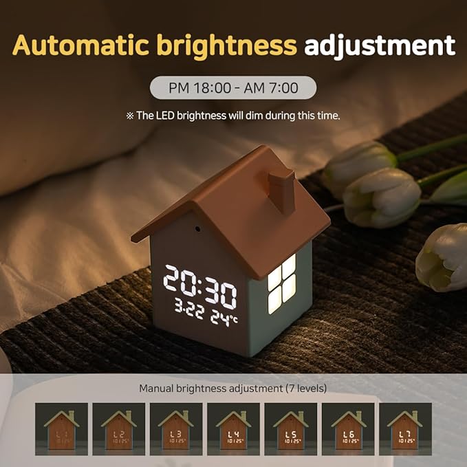 FLAITO Mood Home LED Table Clock – House-Shaped Night Light Alarm Clock with Auto-Dimming, Snooze, Date & Temperature Display – White & Maple Options, USB-C Cable Included (White)