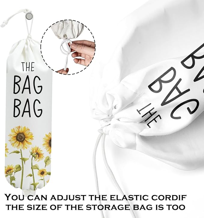 Sunflower Plastic Bag Holder, Wall Mount Grocery Bag Holder for Plastic Bags, Pull Rope Free Adjustment, Sunflower Reusable Shopping Bags Storage Dispenser for Home Kitchen Pantry, 22.5x9 Inch