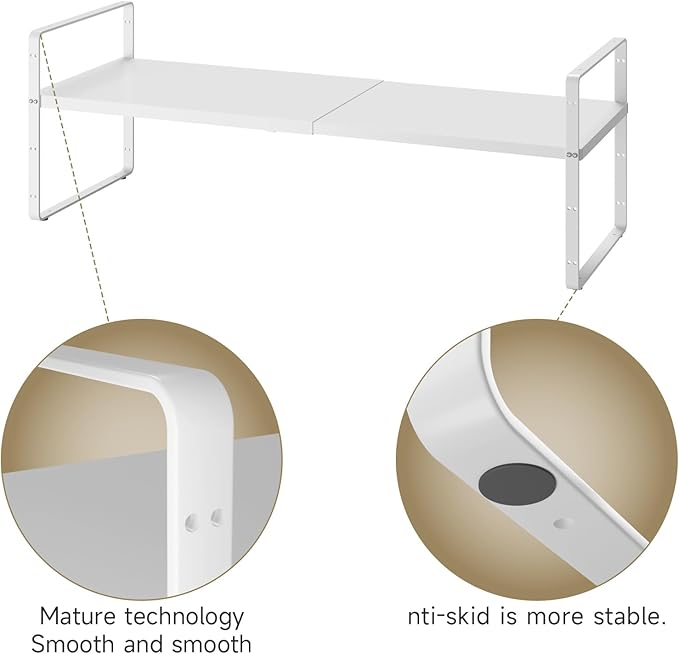 taiheis 16.5~27.1" Expandable Shelf Organizer, 2Pack 10.2" Wide Stackable Cabinet Shelf Organizers, White Metal Sturdy Kitchen Counter Storage for Countertop, Adjustable Height Spice Rack