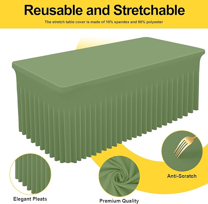 Smiry Spandex Tablecloth, Elastic Fitted Stretch Tablecloth for 8FT Rectangle Tables, Waterproof Washable Table Cover Skirt for Outdoor, Wedding, Banquet & Parties (Sage Green, 96Lx30Wx30H Inch)
