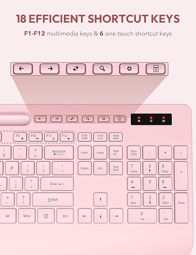 SABLUTE Wireless Keyboard and Mouse, Wrist Rest, Phone Holder, Batteries Included, 2.4G Lag-Free Ergonomic Keyboards Mouse Combo, Silent Keyboard Cordless Set for Computer, Laptop, PC, Windows, Pink