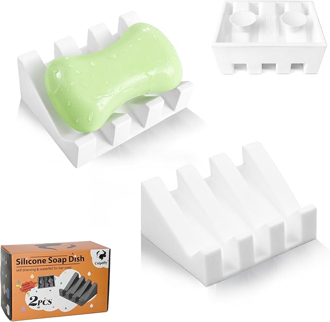 Self-Draining Soap Dish, Silicone Suction Cup Soap Holder, Bathroom Soap Dish for Bar Soap, Extends Soap Life, for Bathroom, Bathtub, Kitchen Sink, White - 2 Pack