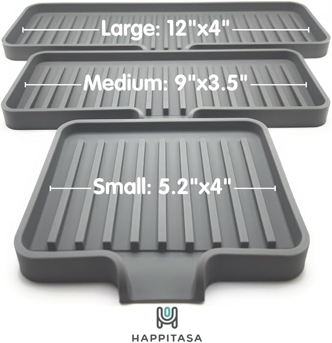 Happitasa Silicone Soap Dish Tray and Sponge Holder with Drain Chute | Bathroom and Kitchen Sink Organizer Caddy (Smoky Blue, 9"x3.5", 5.6 Ounces)