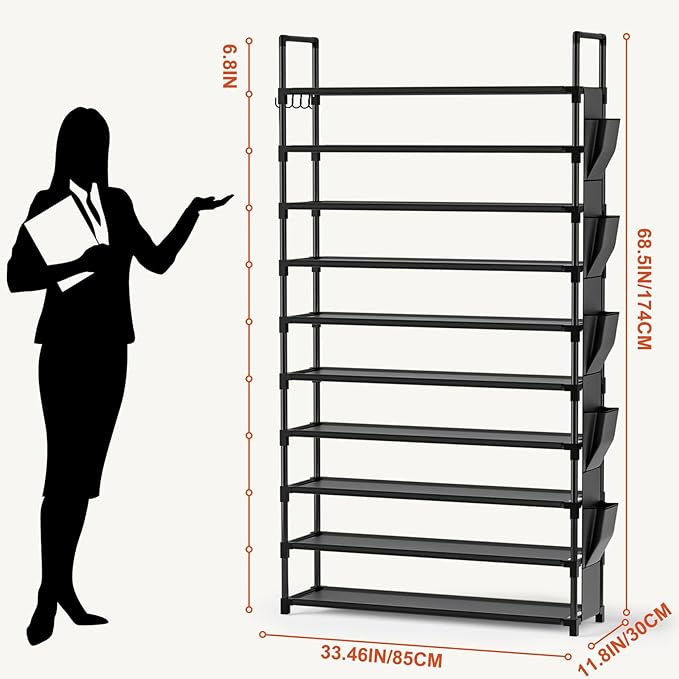 Tall Shoe Rack 10 Tier Shoe Racks Organizer for Closet 40-45Pairs,Large Capacity Storage Rack for Shoes with 5Hooks,Sturdy Metal Shoe Shelf, Vertical Shoe Stand Tower