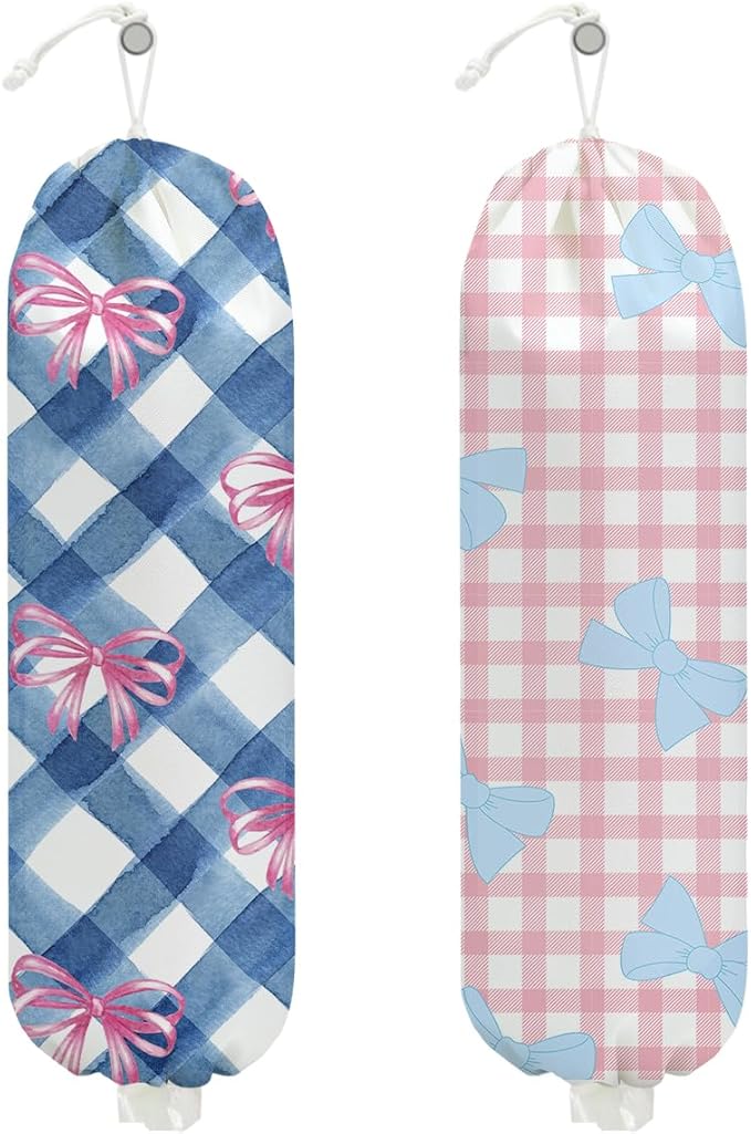 2Pcs Pink Bow Plastic Bag Holder for Kitchen Essentials, Blue Bow Wall Mount Grocery Bag Holder for Plastic Bags, Blue Pink Plaid Check Reusable Shopping Bags Storage Dispenser for Home Kitchen Pantry