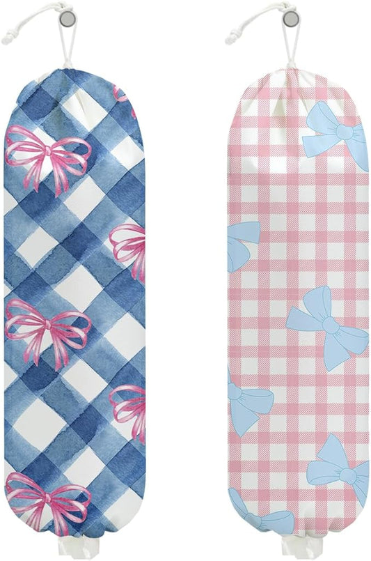 2Pcs Pink Bow Plastic Bag Holder for Kitchen Essentials, Blue Bow Wall Mount Grocery Bag Holder for Plastic Bags, Blue Pink Plaid Check Reusable Shopping Bags Storage Dispenser for Home Kitchen Pantry