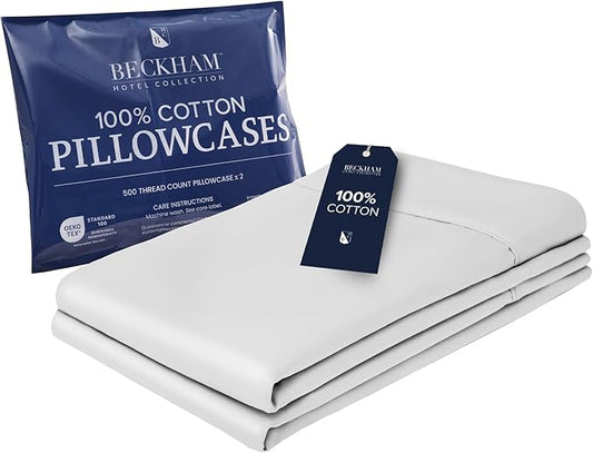 Beckham Hotel Collection Bed Pillowcases King Size Set of 2, 500TC 100% Cotton, Luxury Sateen Bedding, Open End, Breathable, Moisture-Wicking, White