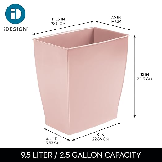 iDesign Small Plastic Bathroom Trash Can, Slim Rectangle Garbage Bin for Bedroom, Office, Dorm, Pink