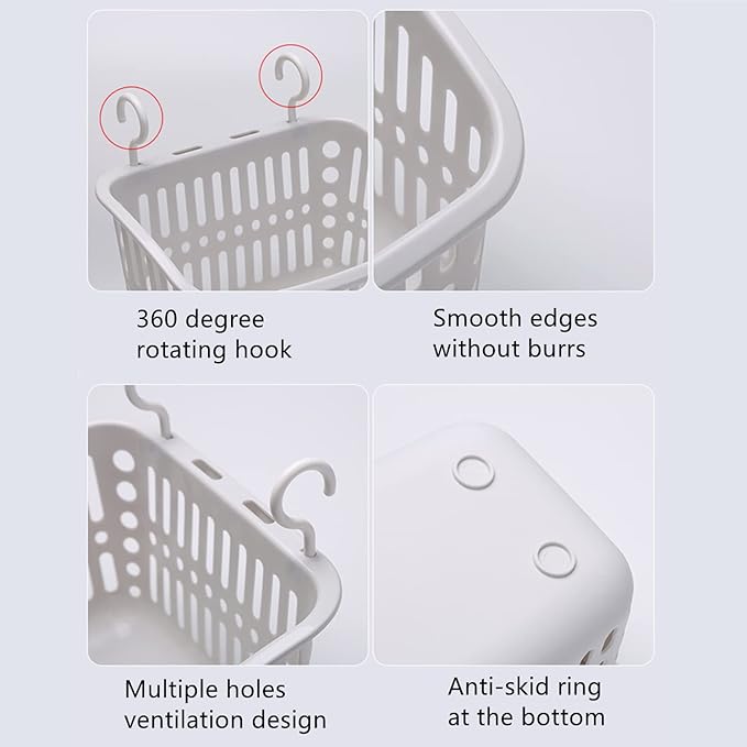 3PCS Plastic Hanging Baskets for Shower, Hanging Basket Organizer with Hooks, Rectangle 8.5Inches Small Hanging Storage Basket (Grey)