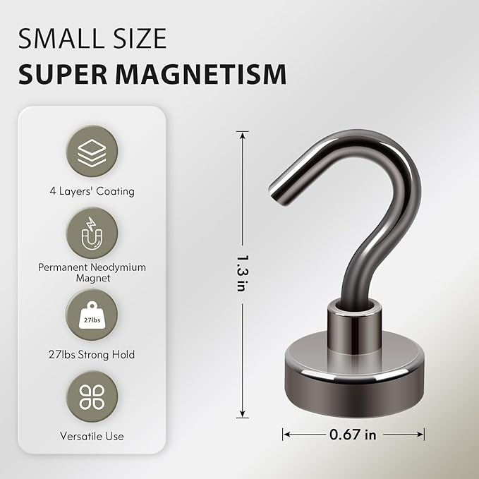 Neosmuk Magnetic Hooks, Cruise Ship Essentials, 30lb+ Heavy Duty Magnetic Hooks for Cruise Cabins, Refrigerator, Grill, Hanging, and Travel | Extra Strong Must-Have Magnet Hook, Gunmetal