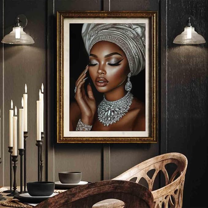 African American Wall Art Girl Black Woman Painting Fashion Poster Portrait Prints Painting Silver And Black Woman Portrait Wall Art Living Room Decor 16x24inch No Frame
