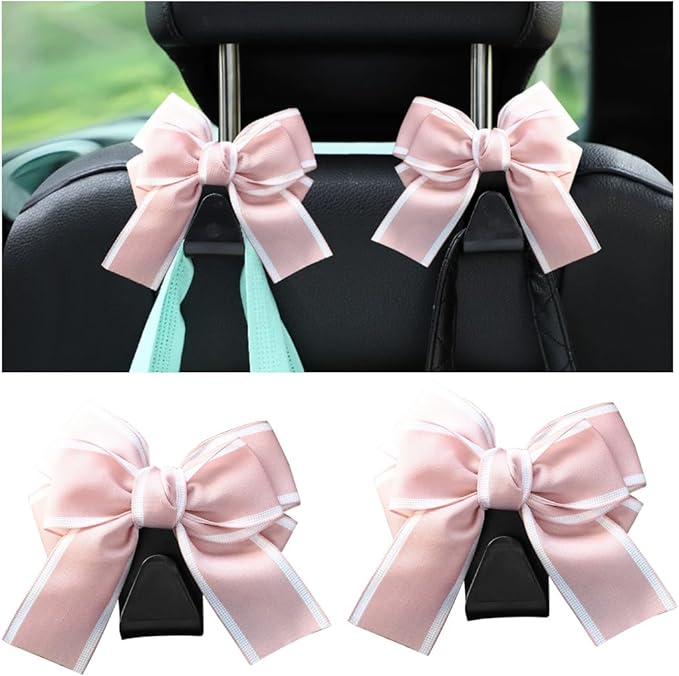 Mandark 2PCS Car Seat Headrest Hooks, Cute Bow Vehicle Hooks for Purses and Bags, Automotive Purse Hook Hanger Interior Decoration Accessories, Universal for SUV, Sedan, Truck (Pink Line)