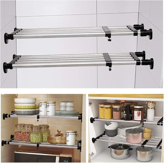 BAOYOUNI Adjustable Shelving Expandable Closet Shelves Tension Rod Clothes Hanger Storage Rack DIY Cabinet Wardrobe Kitchen Bathroom Divider Separator Organizer, Black, 2 Pack