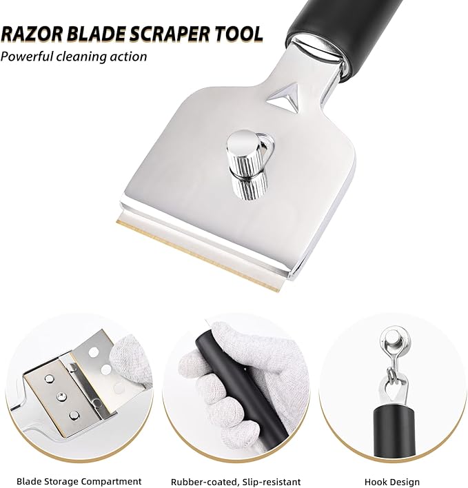 EHDIS Ceramic Hob Scraper with 10pcs Titanium Coated Blades – Metal Razor Blades Scraper Tool for Cooktop, Glass & Stove,Tile | Removes Burnt-On Food & Grease Without Scratching