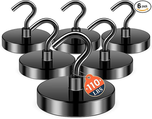 FINDMAG Black Magnetic Hooks, 110lbs Heavy Duty Magnetic Hooks for Hanging, Extra Strong Magnet Hooks, N52 Magnet Hooks for Cruise Cabins, Travel, 6 Pack