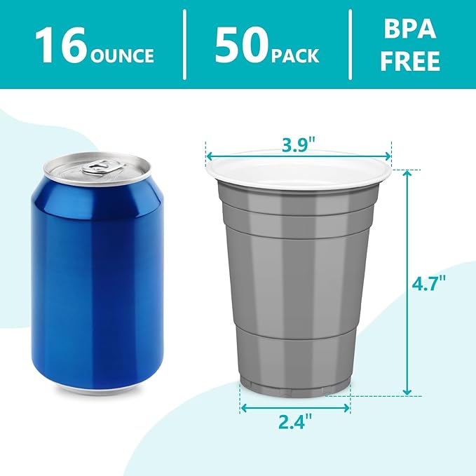 LANLISA 50 Gray Plastic Cups, 16 oz Disposable Cups, Drinking Cups For Party Supplies