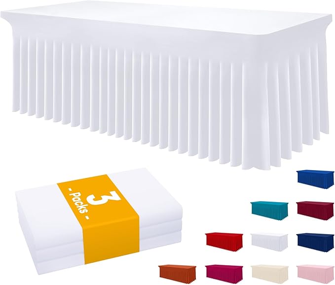 Smiry Spandex Tablecloth 3 Pack, Elastic Fitted Stretch Tablecloth for 6FT Rectangle Tables, Waterproof Washable Table Cover Skirt for Outdoor, Wedding, Banquet & Parties (White, 72Lx30Wx30H Inch)