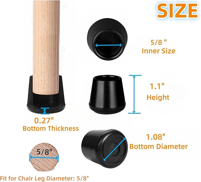 Furnigear Chair Leg Tips Caps Non-Slip Rubber Leg Tips 5/8" Inner Diameter Chair Leg Floor Protectors Round Black 100 Pack